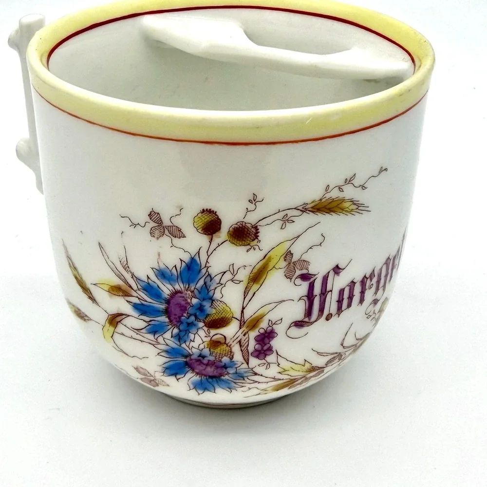 Antique Germany Mustache Cup Porcelain Floral Forget Me Not Branch Handle White